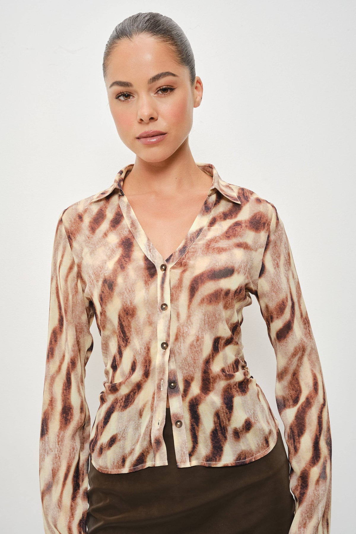 Button Up Shirt, Brown/Light Yellow