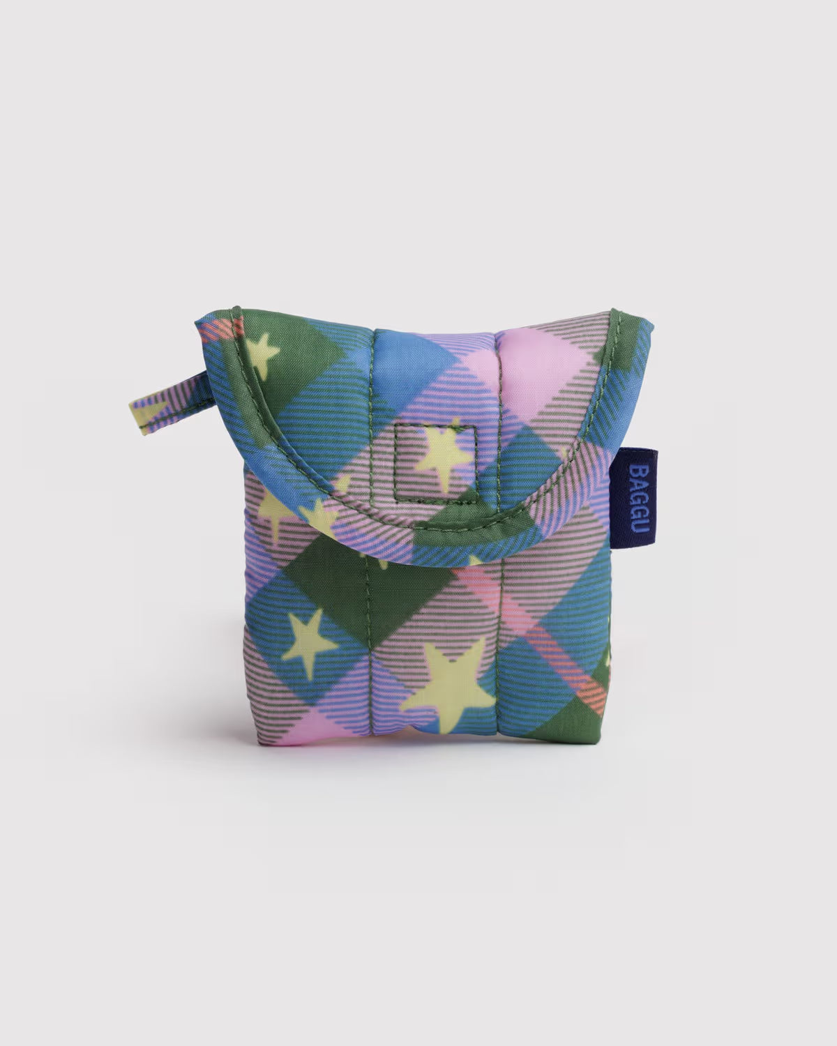 Puffy Earbuds Case, Green Star Plaid