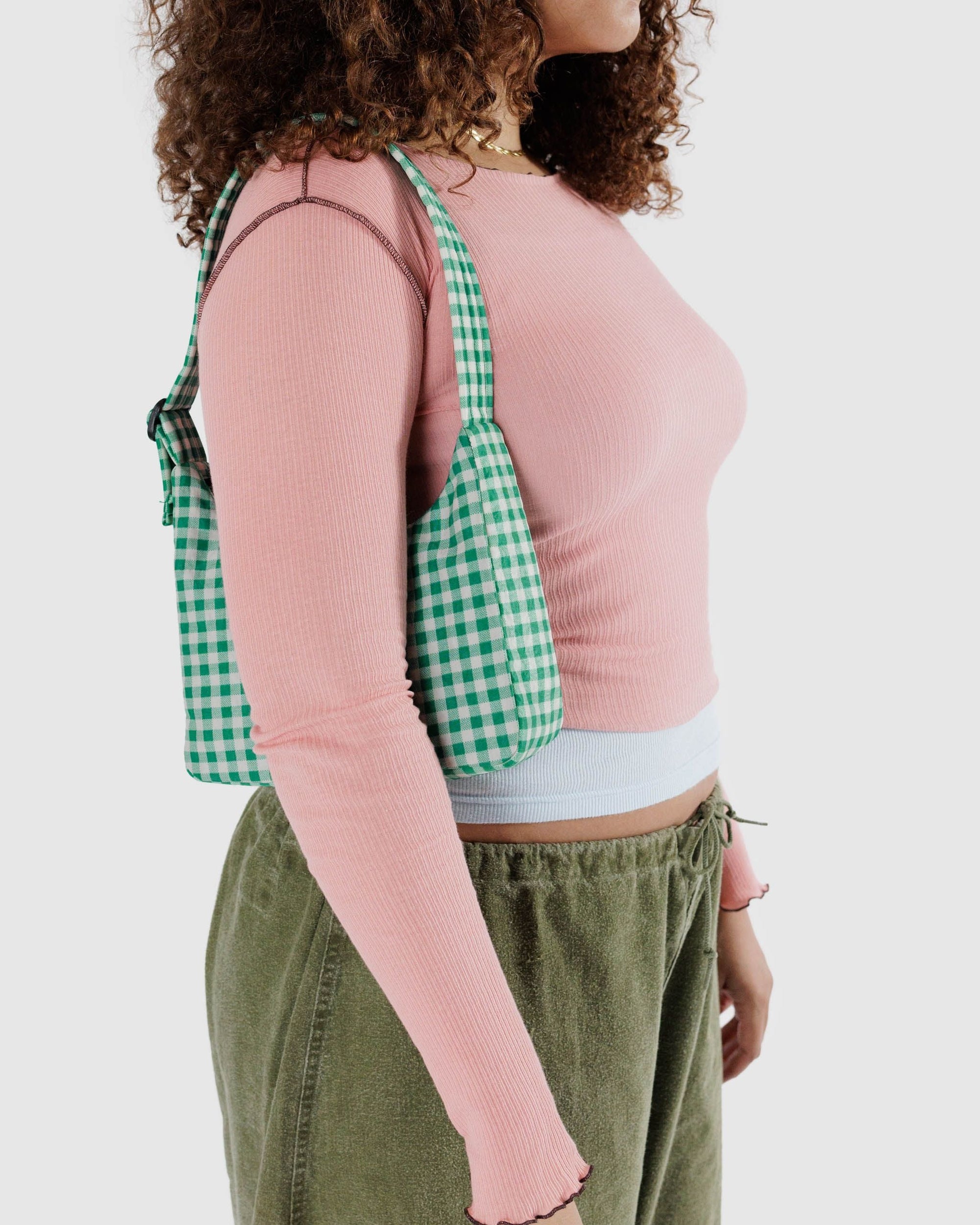 Mini Nylon Shoulder Bag, Green Gingham