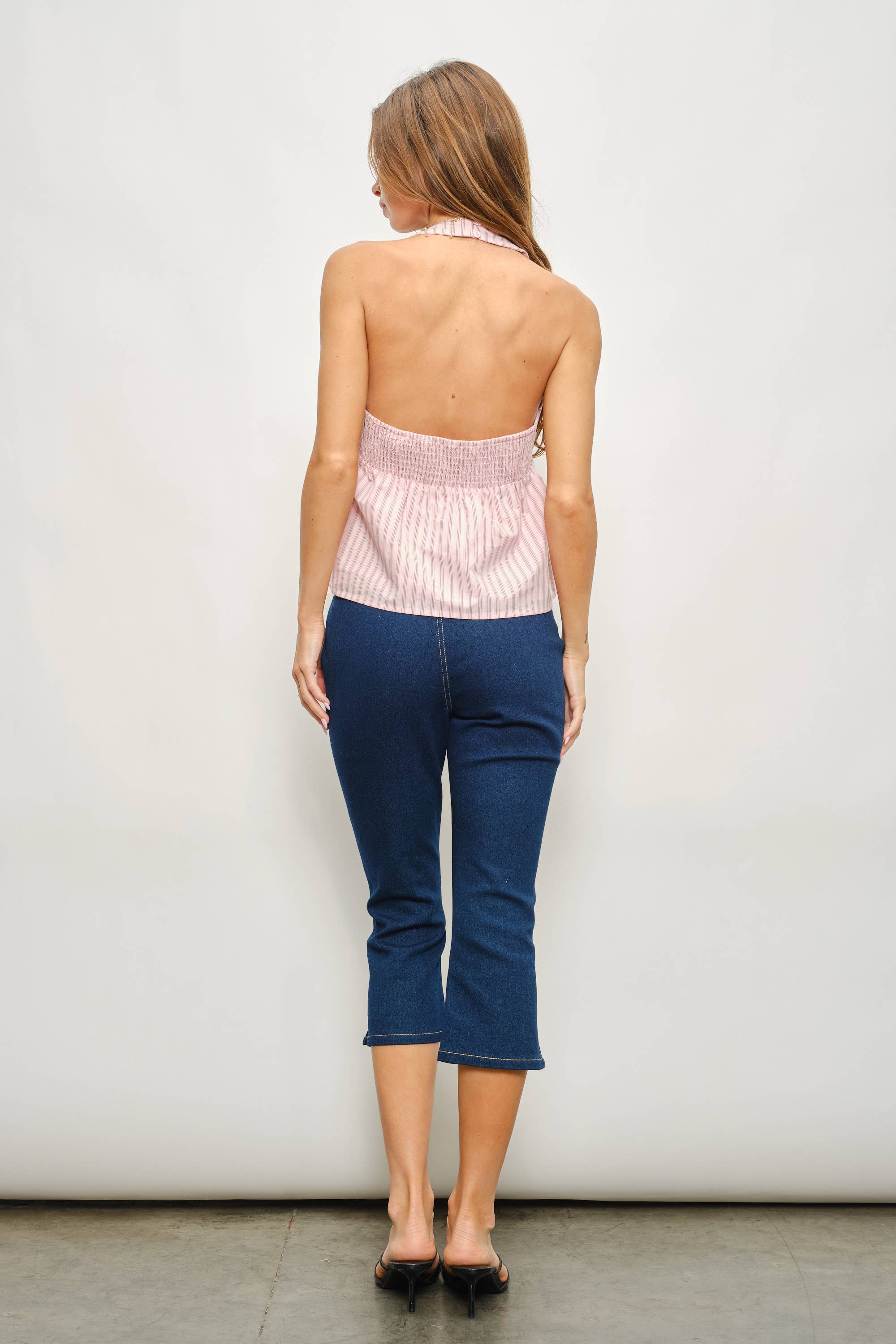 Ruched Stripe Halter Top, Pink Stripe
