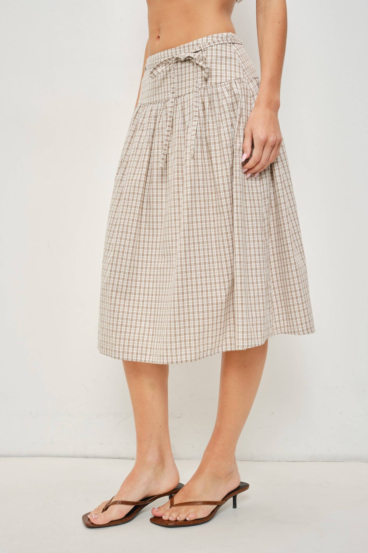 Plaid Midi Skirt, Ivory/Tan