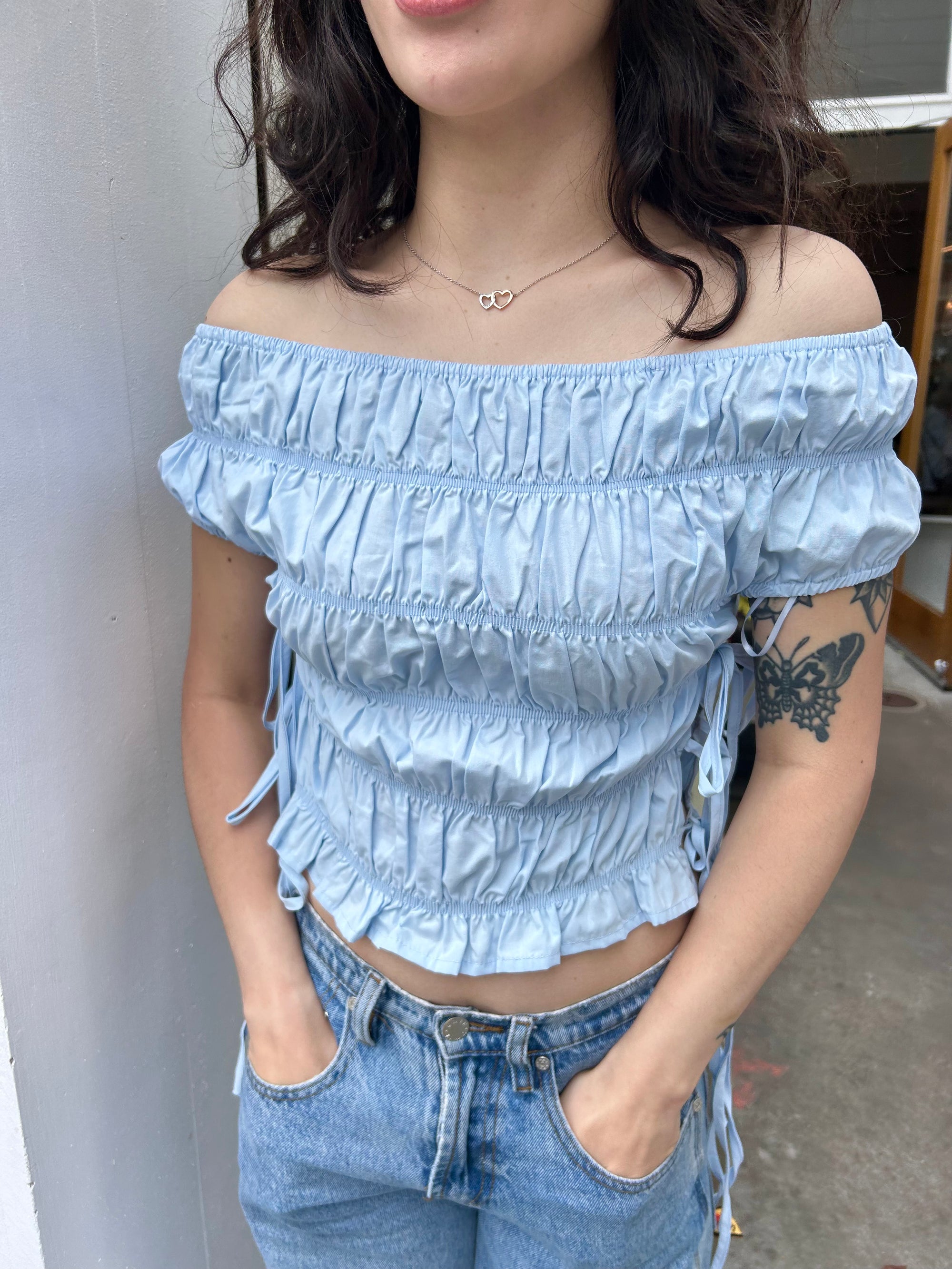 Ruffled Off the Shoulder Top, Sky Blue
