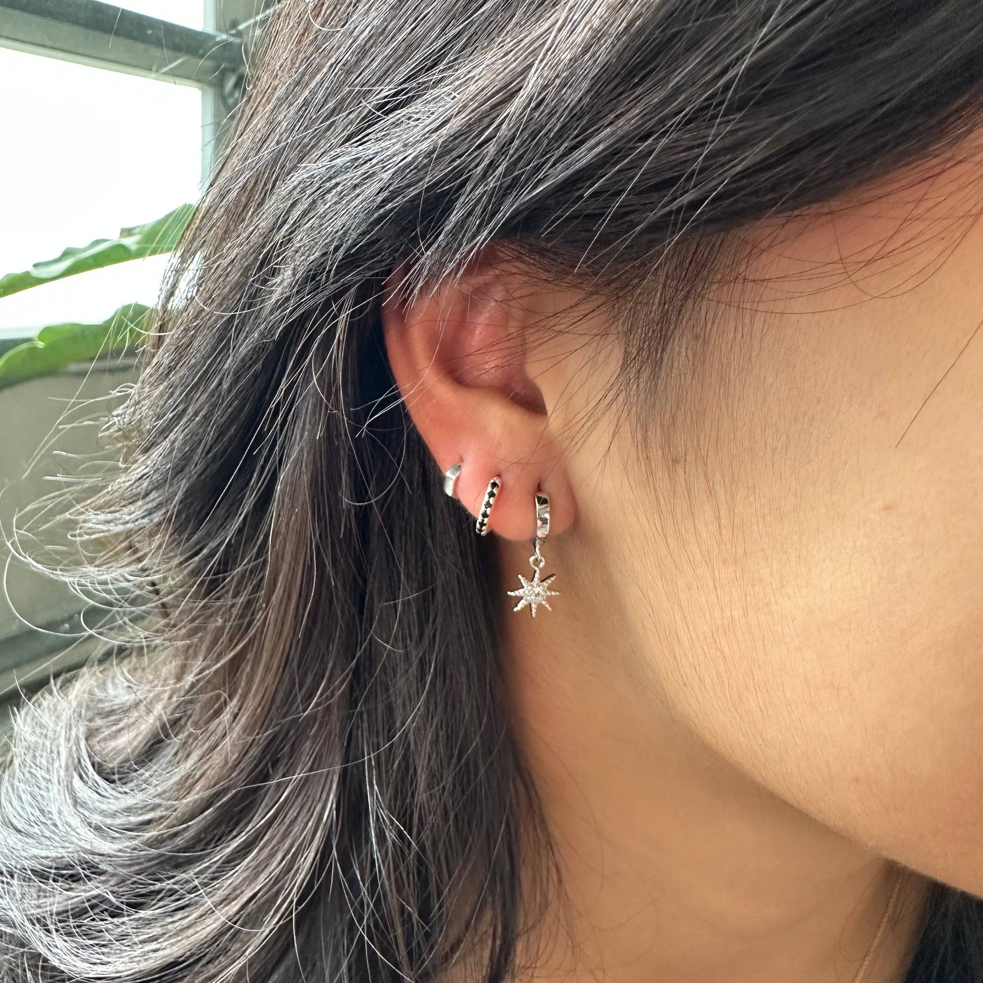 Star & Moon Pave Dangle Huggies, Sterling Silver