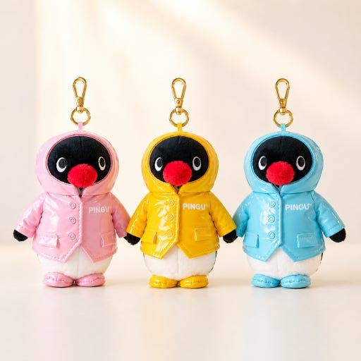 Pingu Raincoat Plush Keychain, Pink