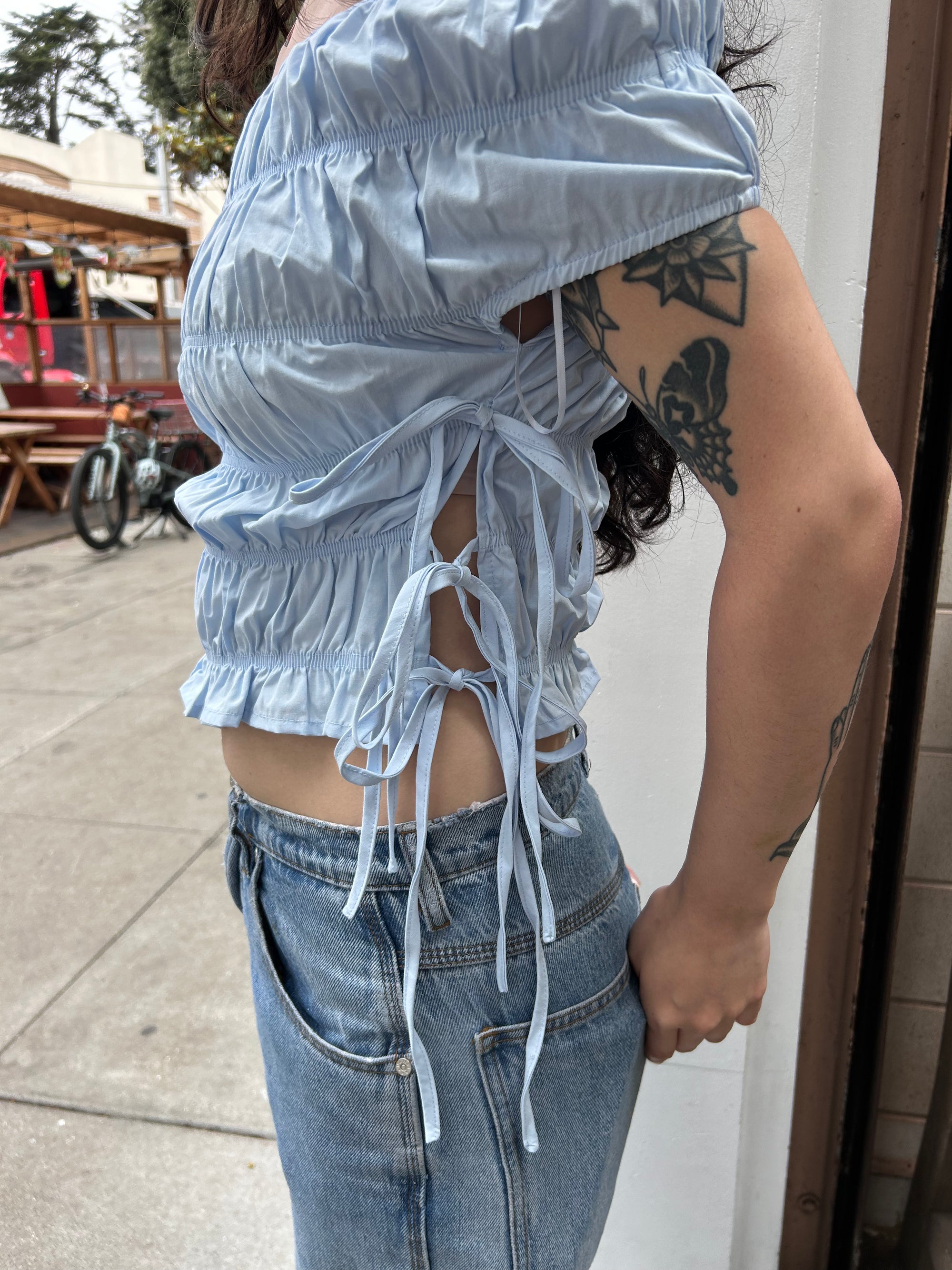 Ruffled Off the Shoulder Top, Sky Blue