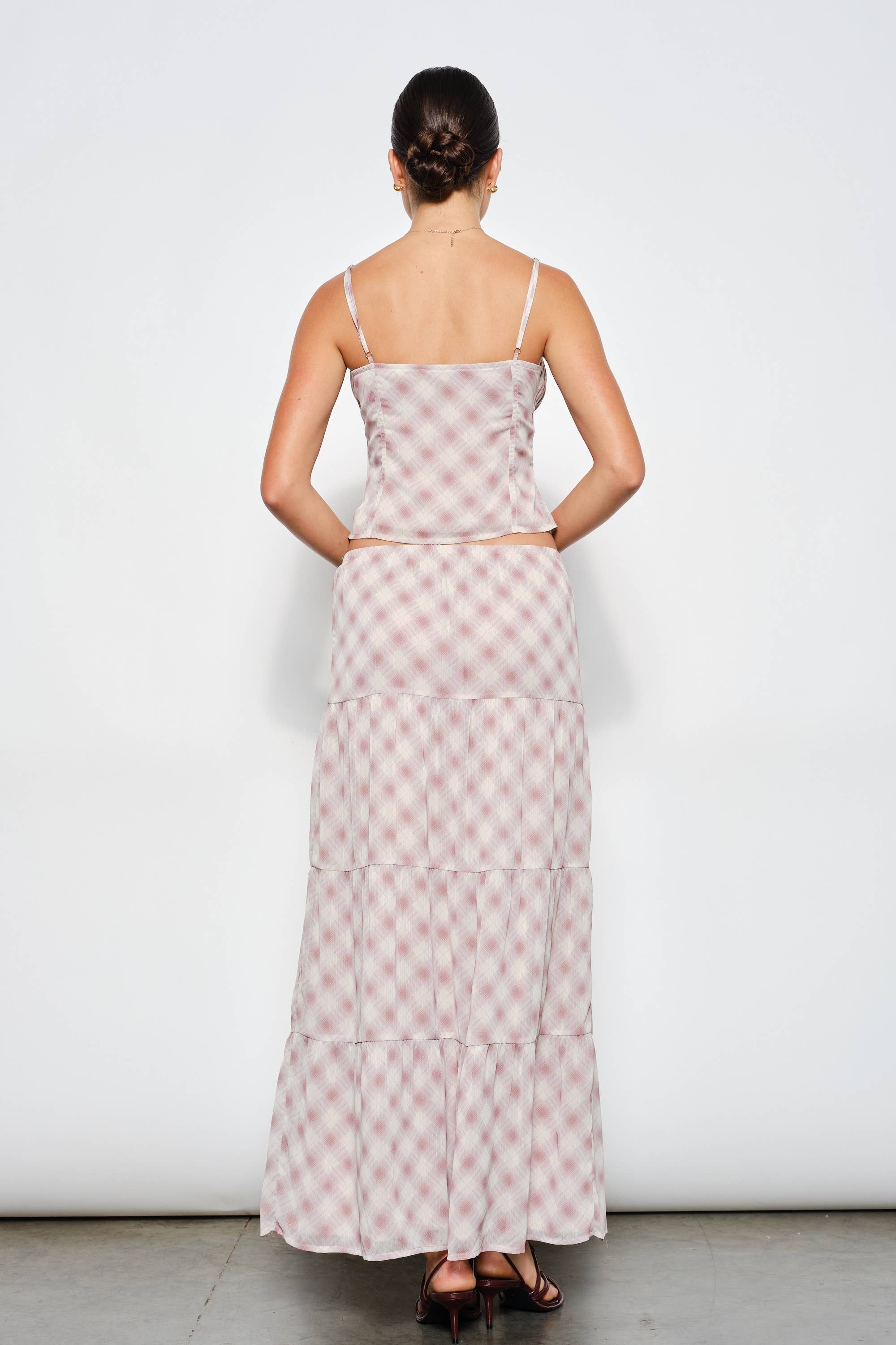 Plaid Tiered Maxi Skirt, Dusty Pink