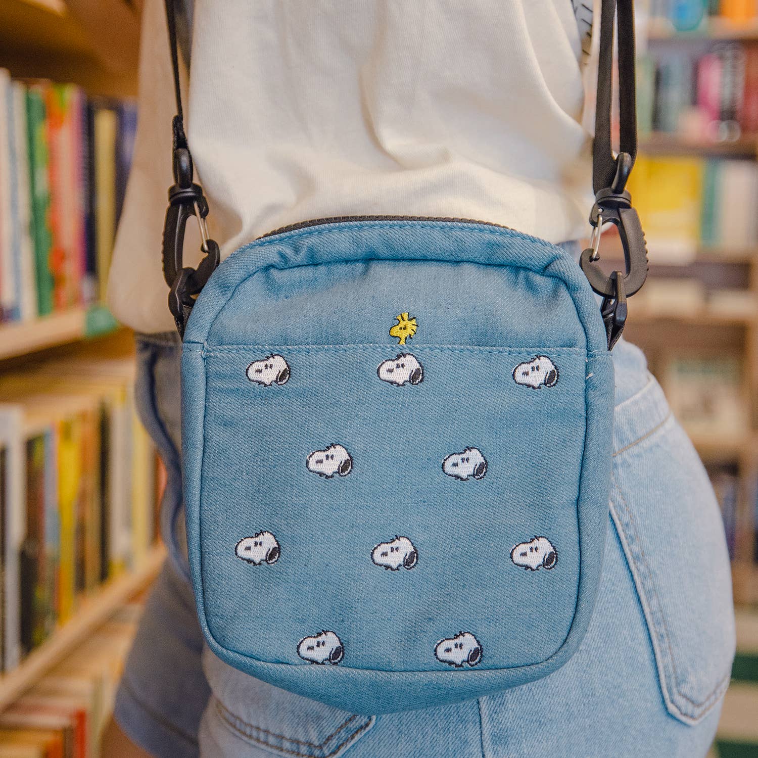 Snoopy Embroidered Crossbody Bag, Denim