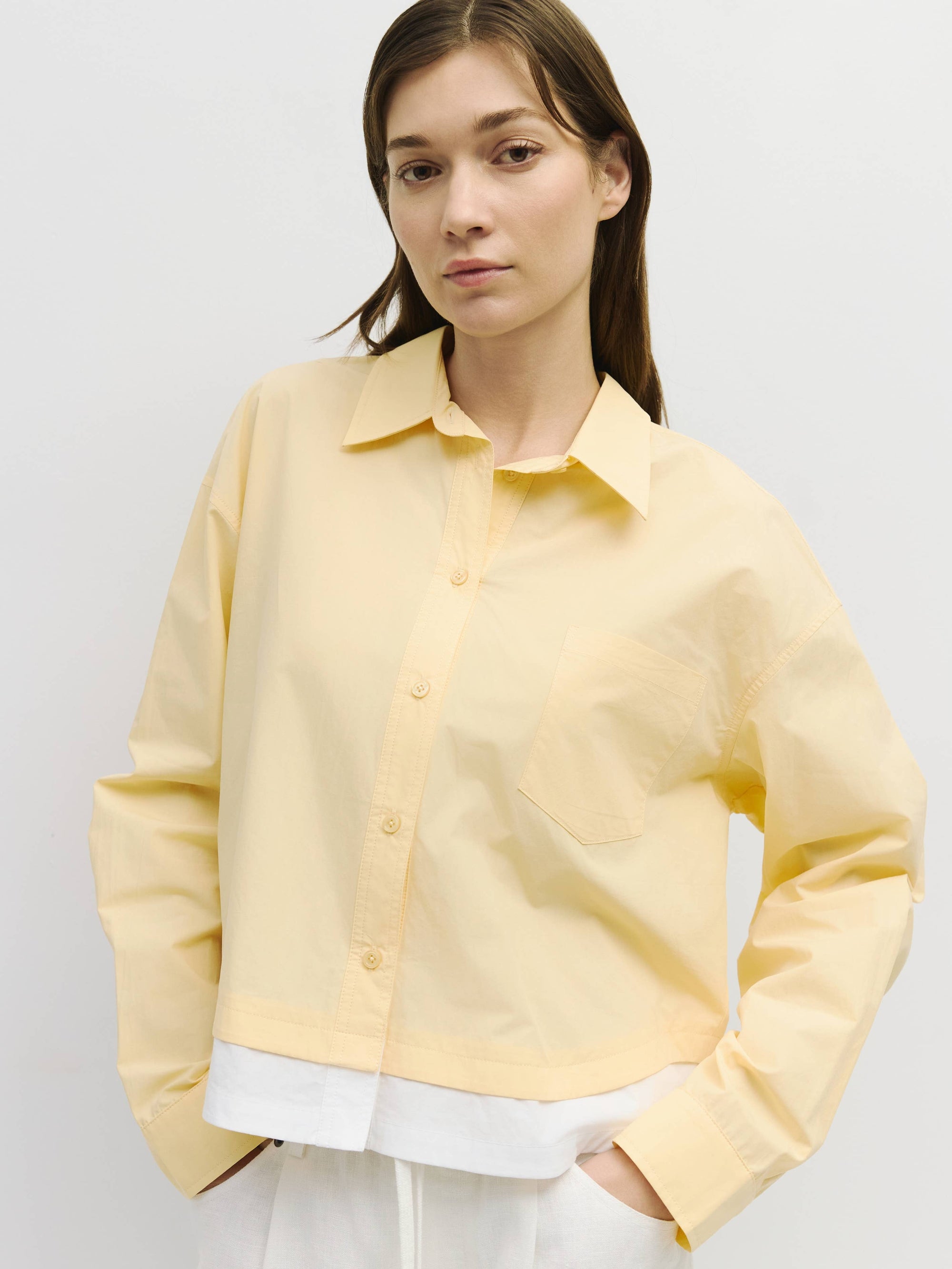 Cropped Layered Button-Down Shirt, Yellow