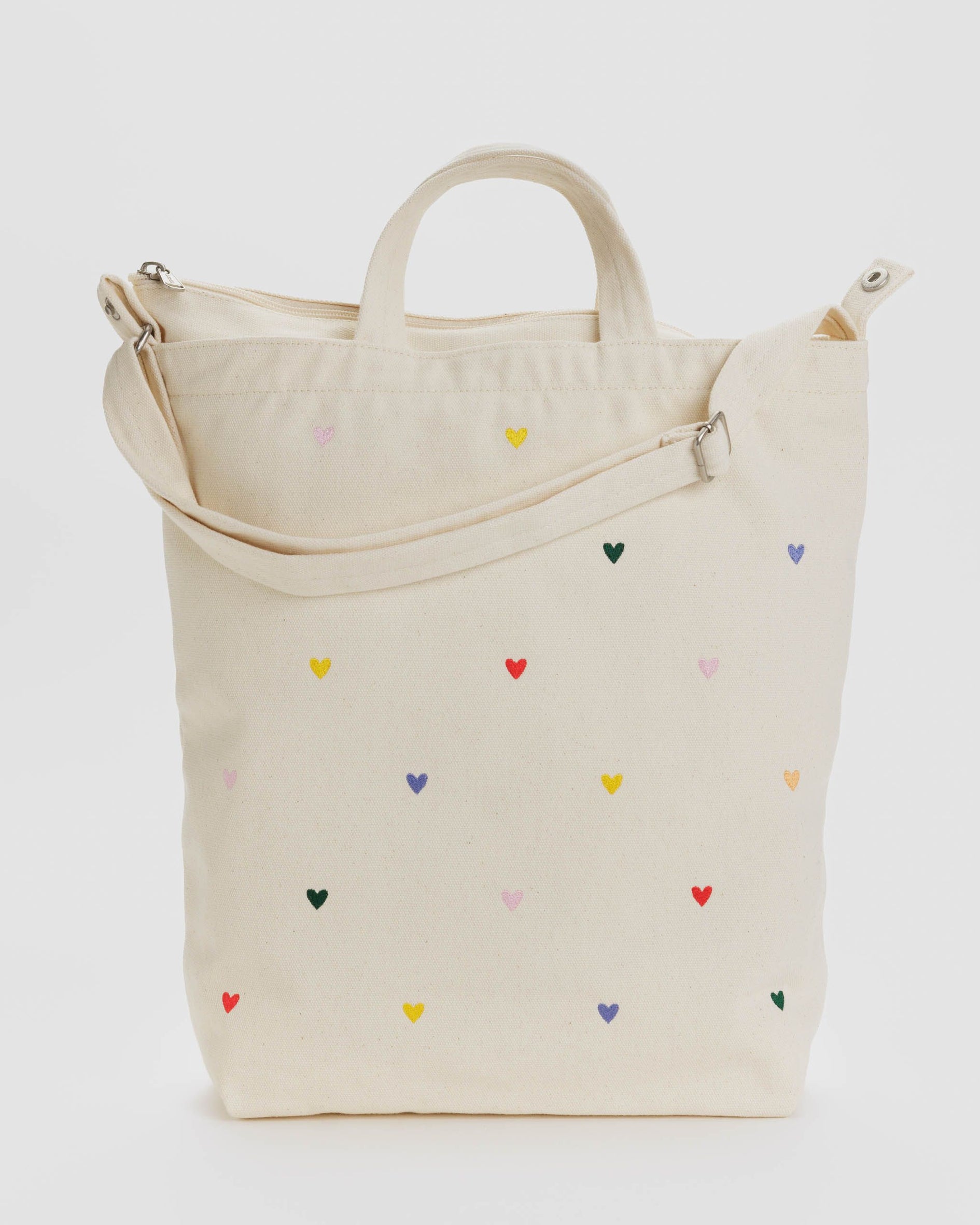 Horizontal Zip Duck Bag, Embroidered Hearts