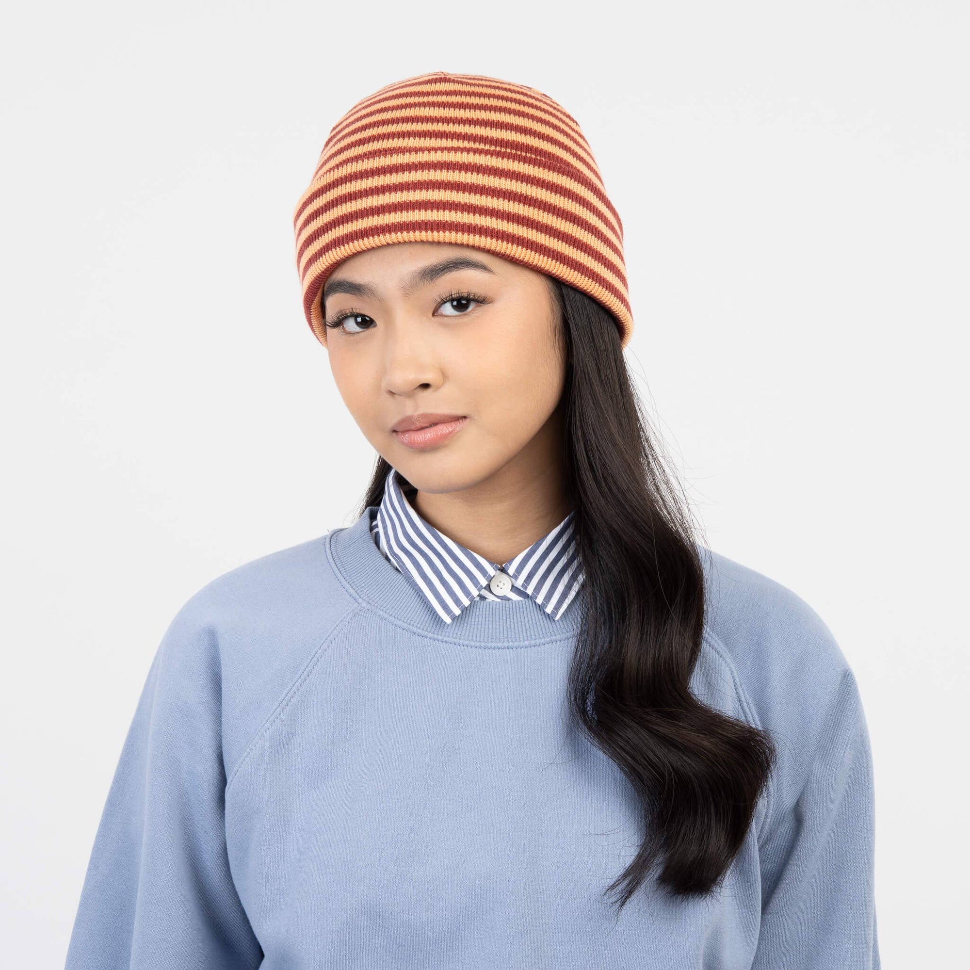 Simple Stripe Knit Beanie, Peach Wine Red