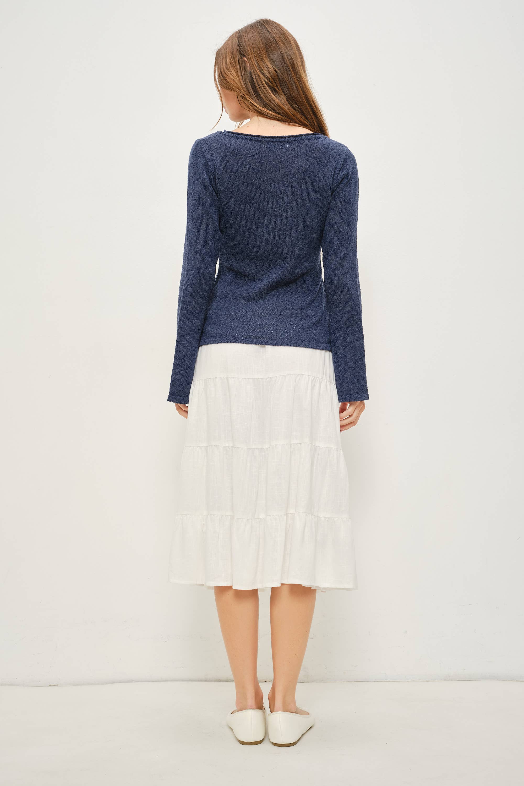 Studded Open Knit Long Sleeve Top, Navy