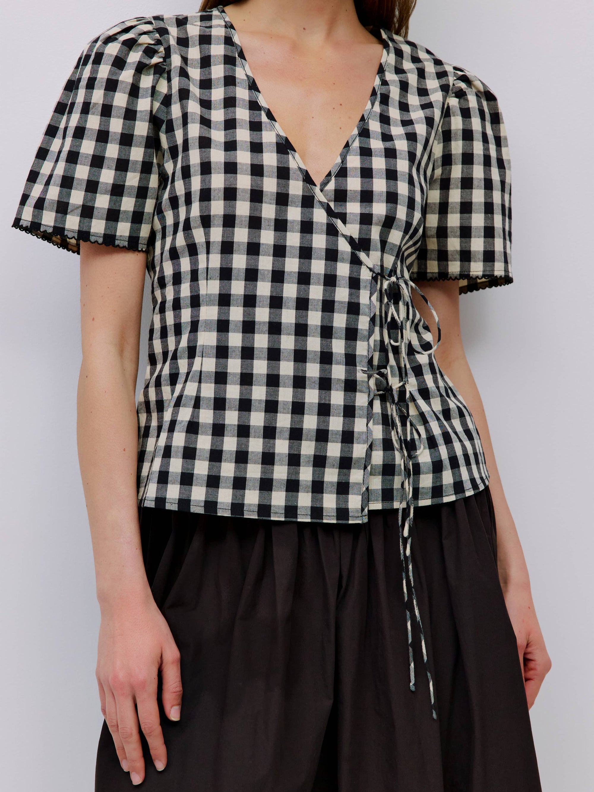 Gingham Tie Front Blouse, Cream/Black