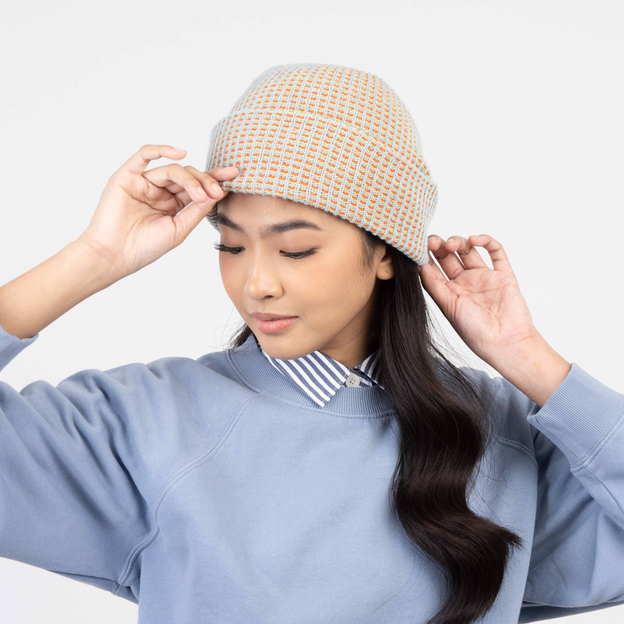 Simple Grid Knit Beanie, Stone Blue