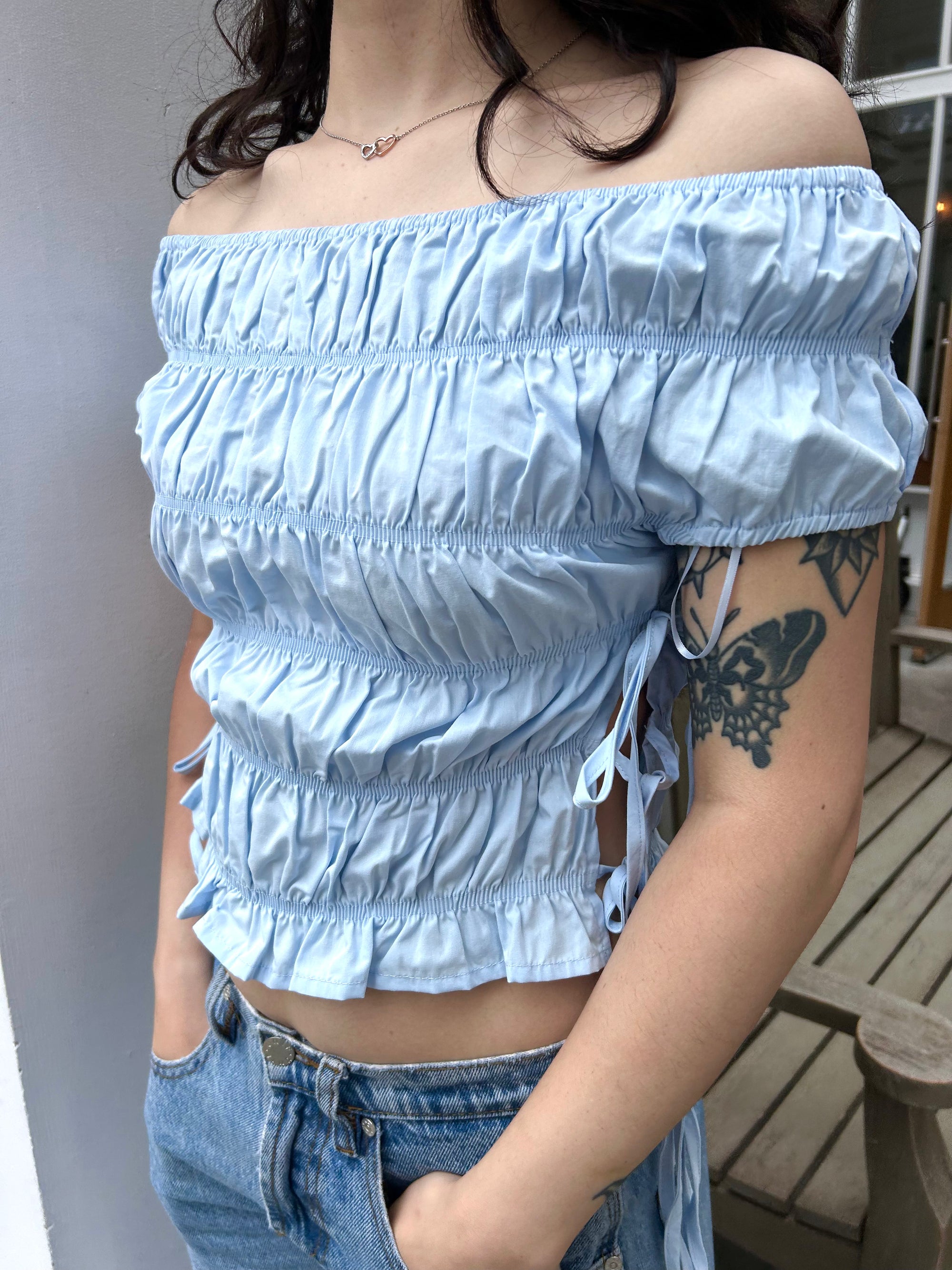 Ruffled Off the Shoulder Top, Sky Blue
