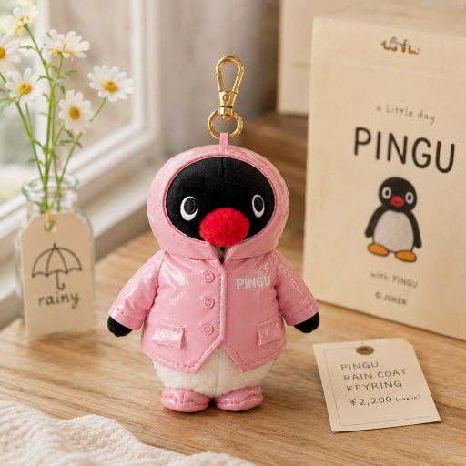 Pingu Raincoat Plush Keychain, Pink