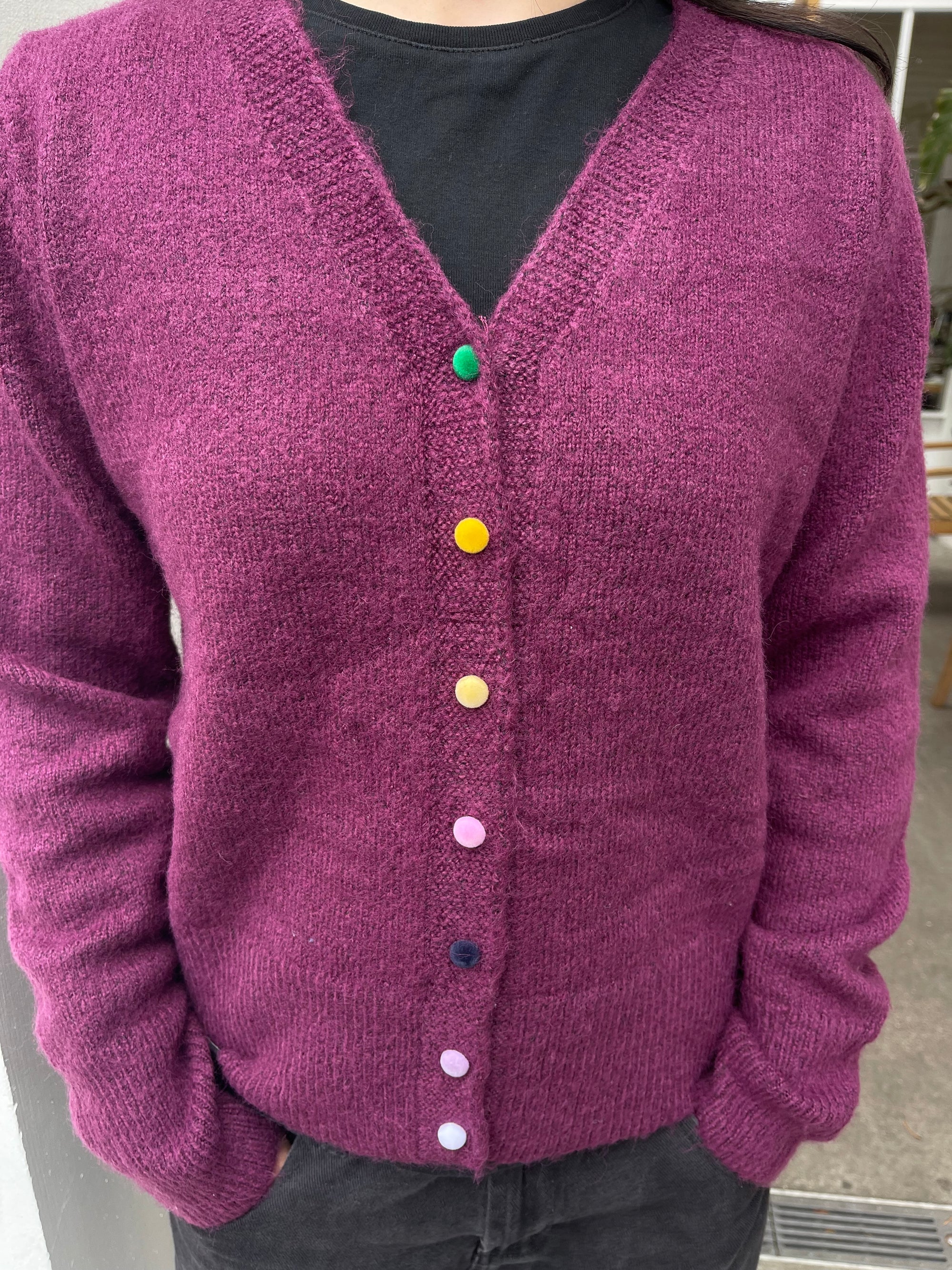 Colored Button Cardigan, Plum