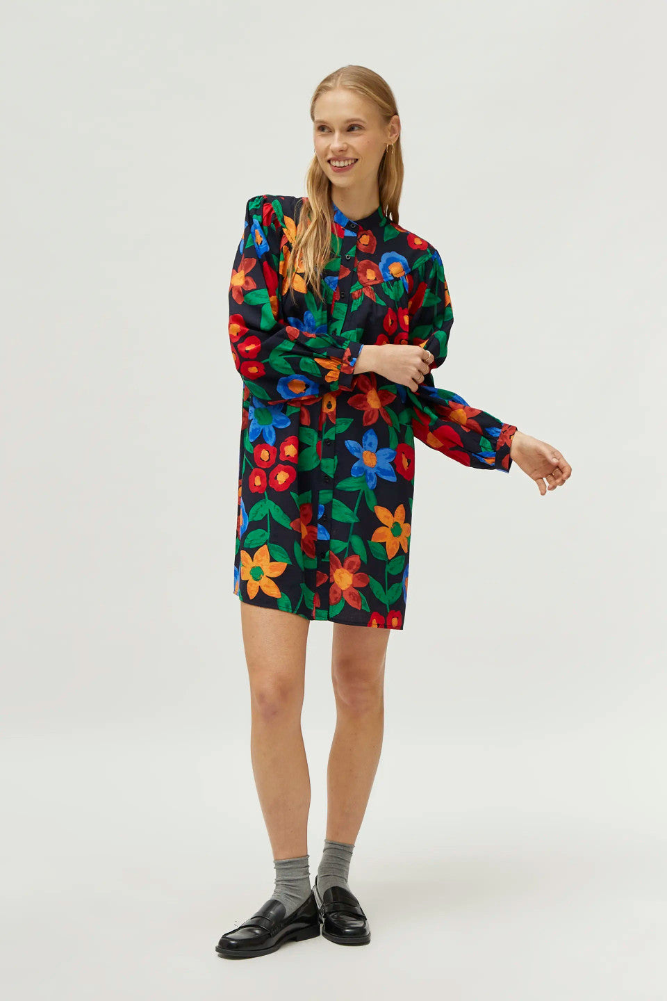 Floral Button-Up Dress, Black/Multi