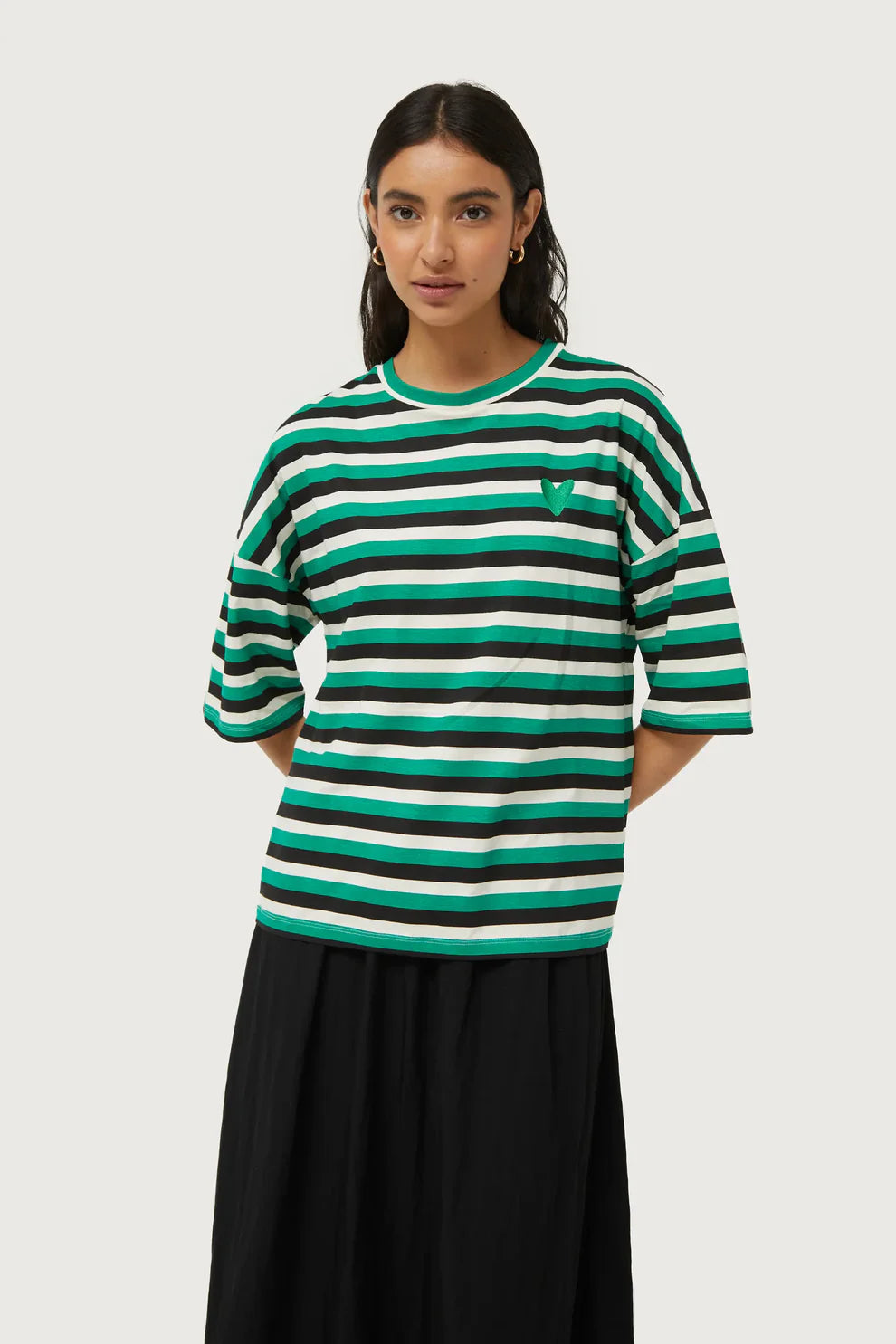 Green Stripes Embroidered Heart T-Shirt