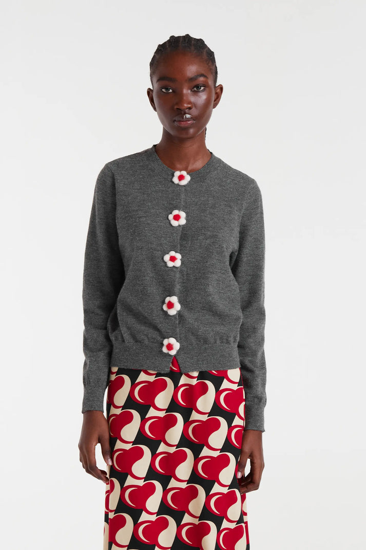 Flower Button Up Cardigan, Grey