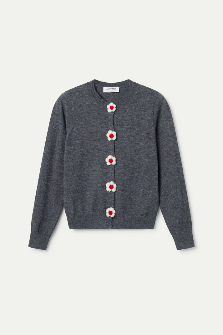Flower Button Up Cardigan, Grey