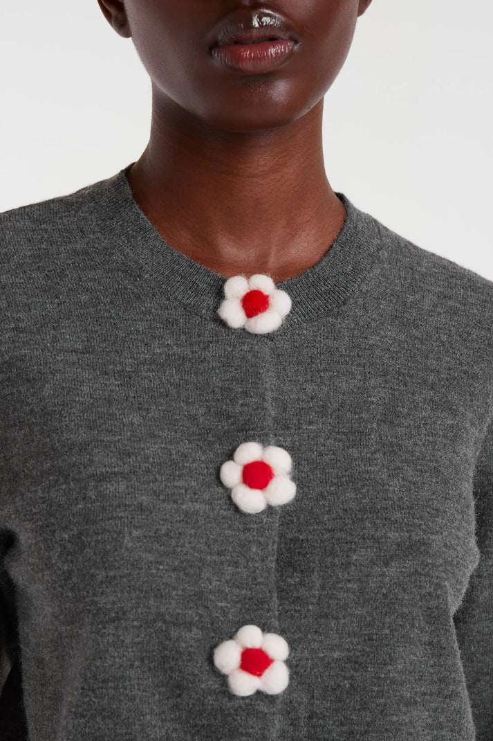 Flower Button Up Cardigan, Grey