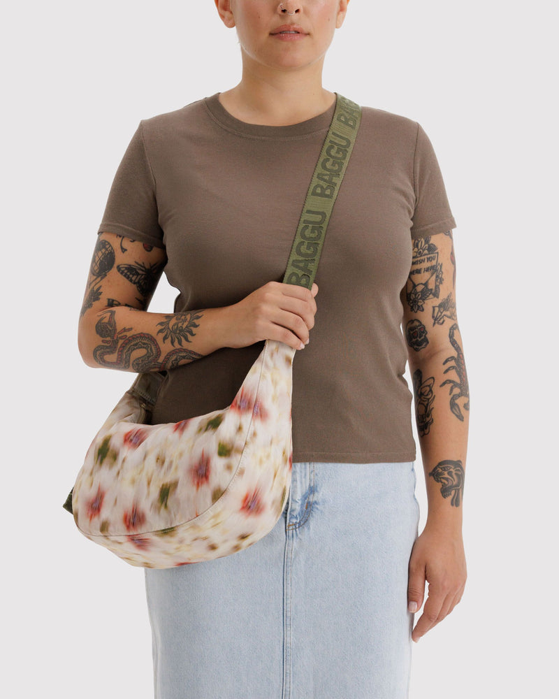 Medium Nylon Crescent Bag, Abstract Floral