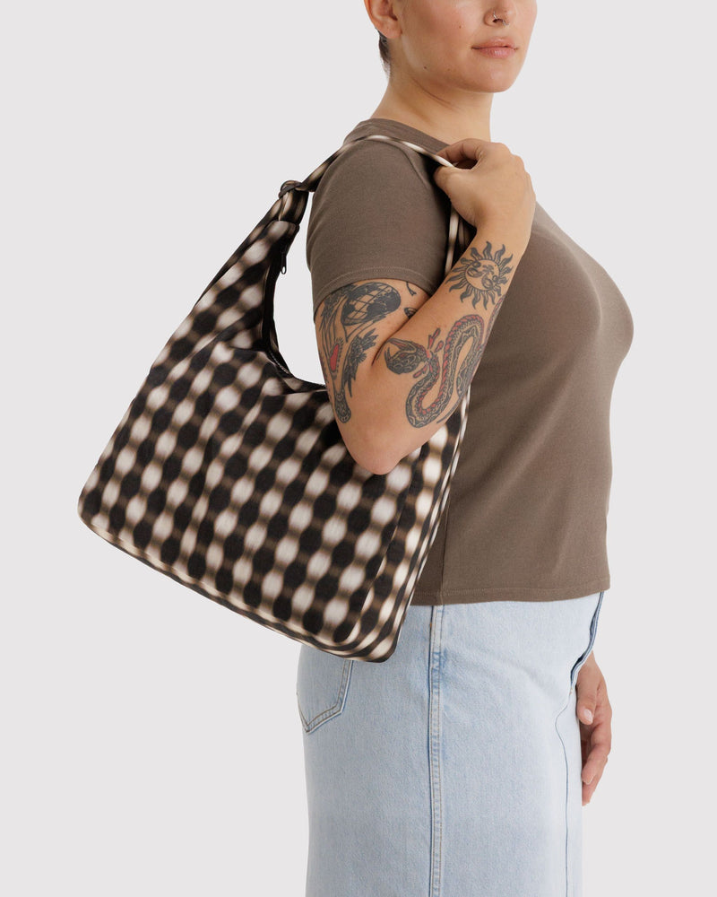 Nylon Shoulder Bag, Blurred Gingham Brown