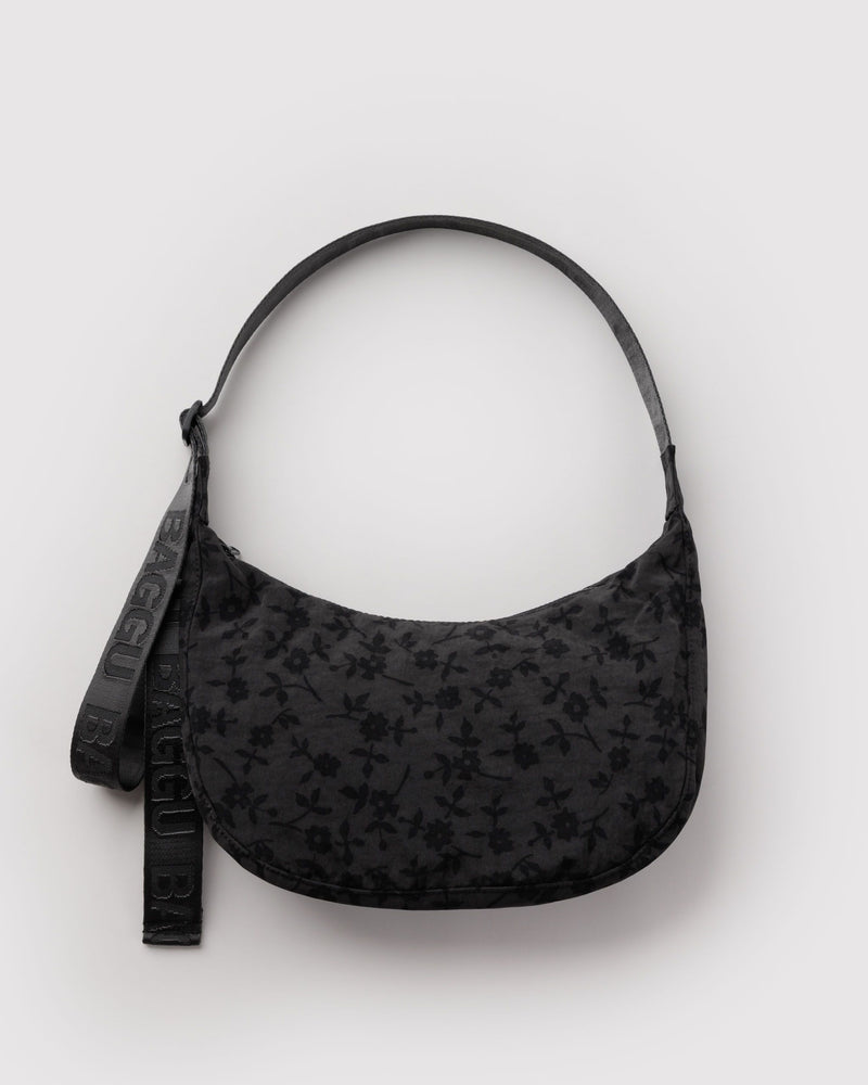 Medium Nylon Crescent Bag, Charcoal Ditsy Floral
