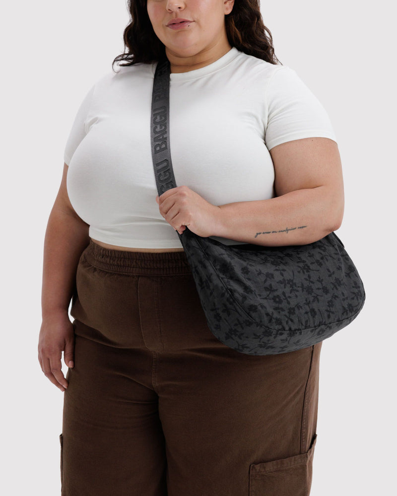 Medium Nylon Crescent Bag, Charcoal Ditsy Floral
