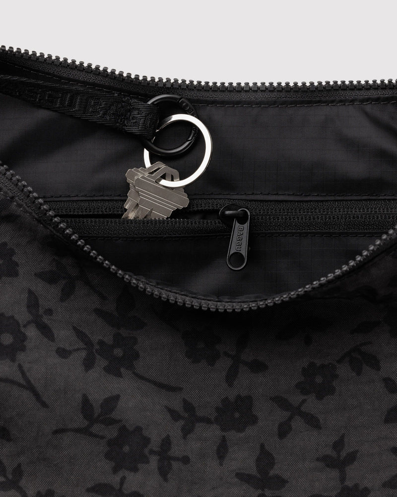 Medium Nylon Crescent Bag, Charcoal Ditsy Floral