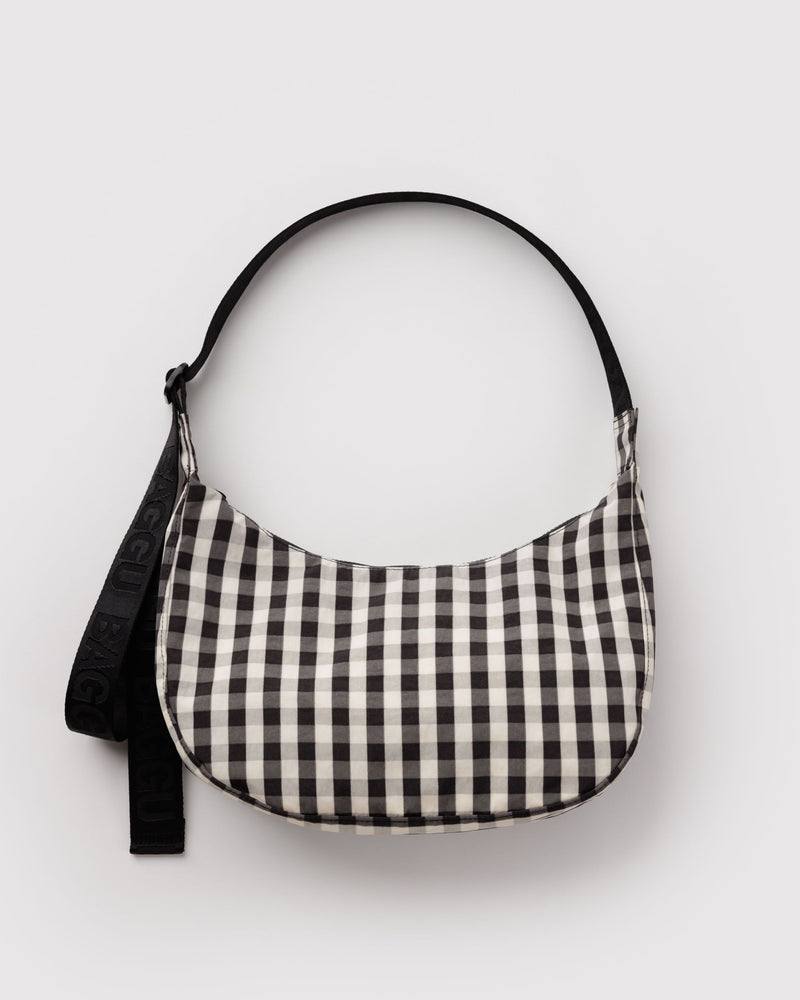Medium Nylon Crescent Bag, Black & Cream Gingham