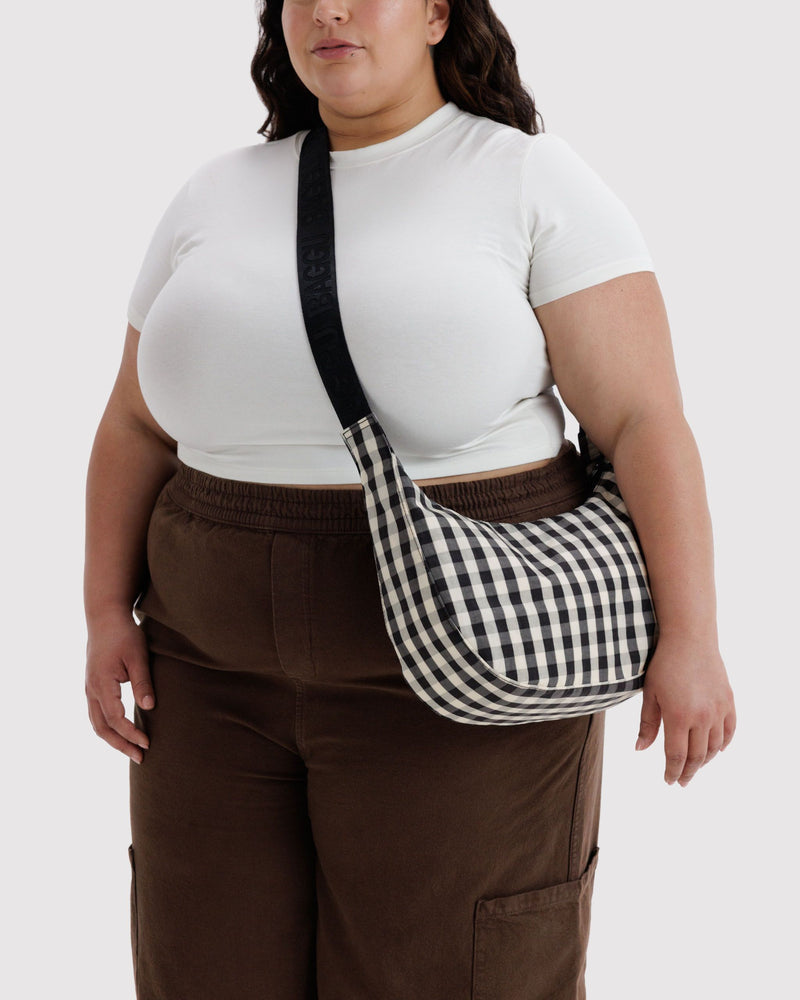 Medium Nylon Crescent Bag, Black & Cream Gingham