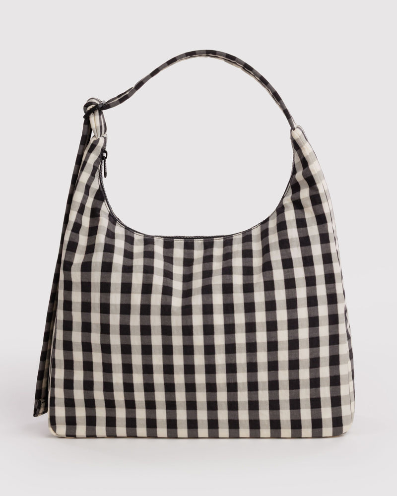 Nylon Shoulder Bag, Black and Cream Gingham