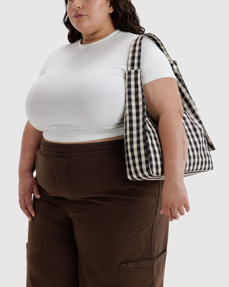 Nylon Shoulder Bag, Black and Cream Gingham