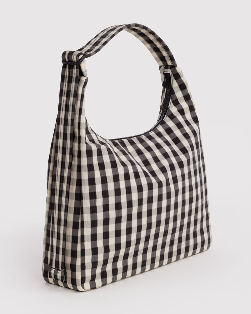 Nylon Shoulder Bag, Black and Cream Gingham