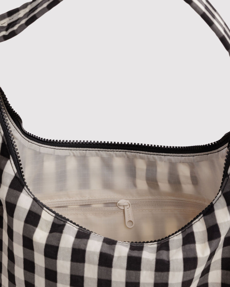 Nylon Shoulder Bag, Black and Cream Gingham