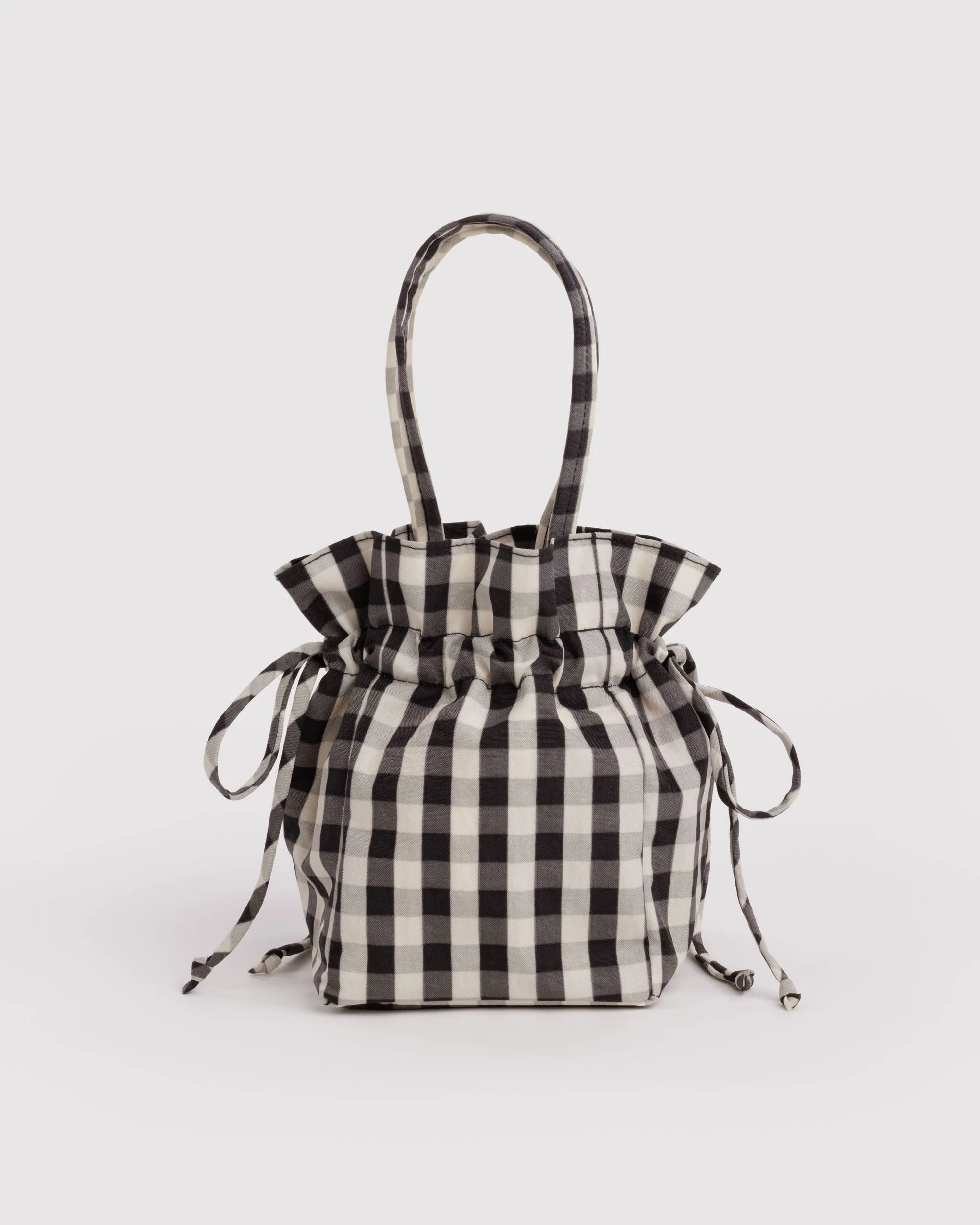 Nylon Drawstring Bag, Black and White Gingham