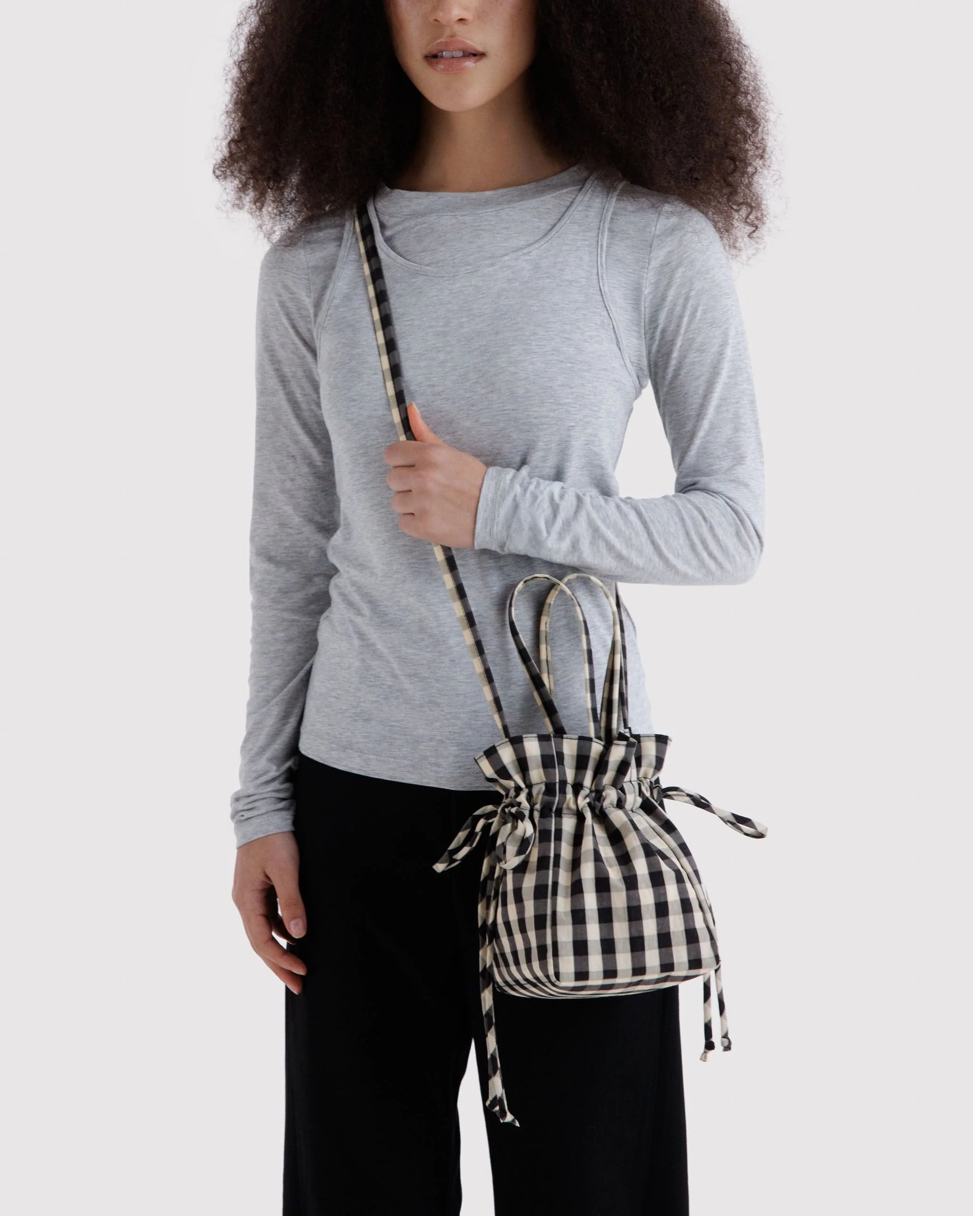 Nylon Drawstring Bag, Black and White Gingham
