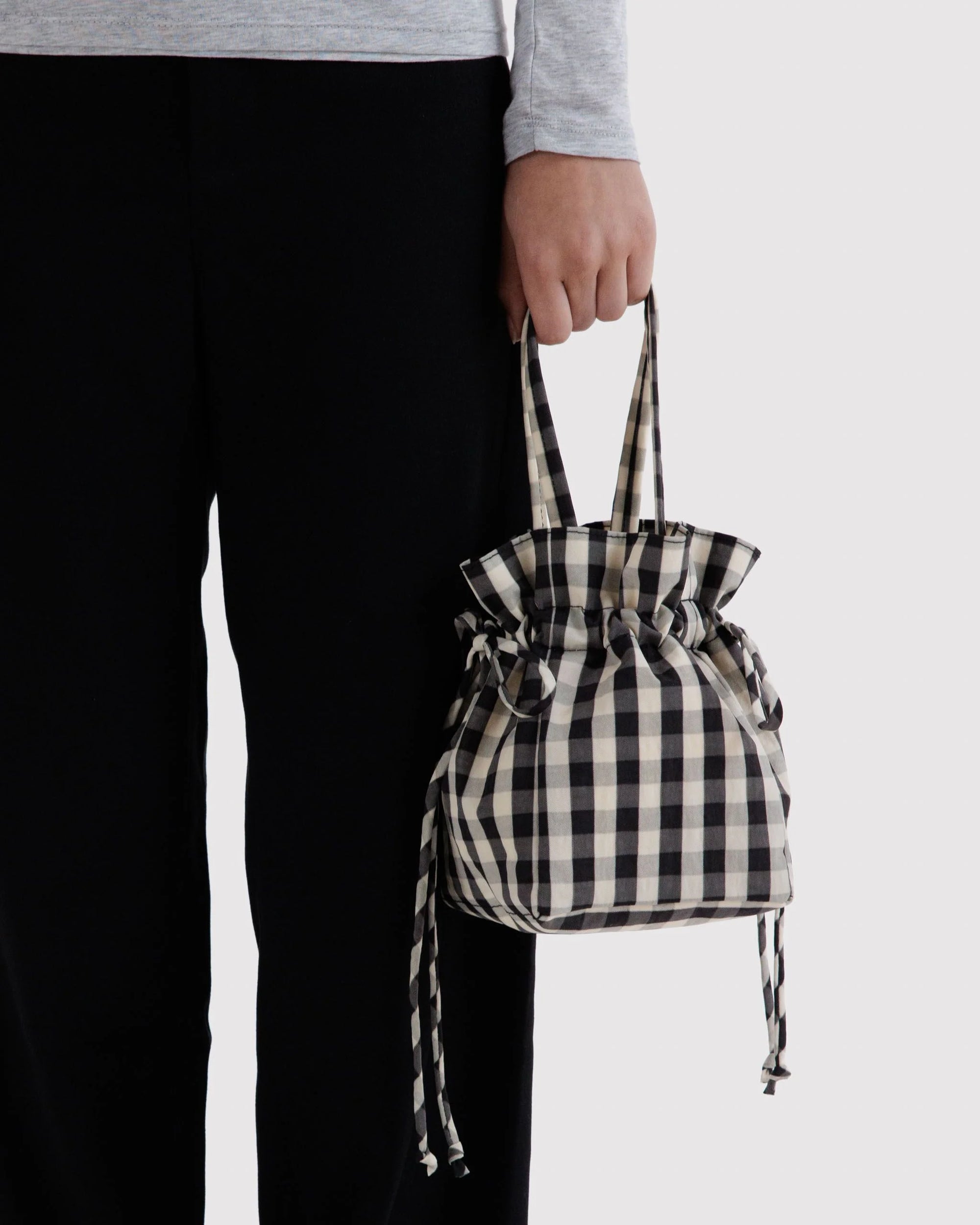 Nylon Drawstring Bag, Black and White Gingham