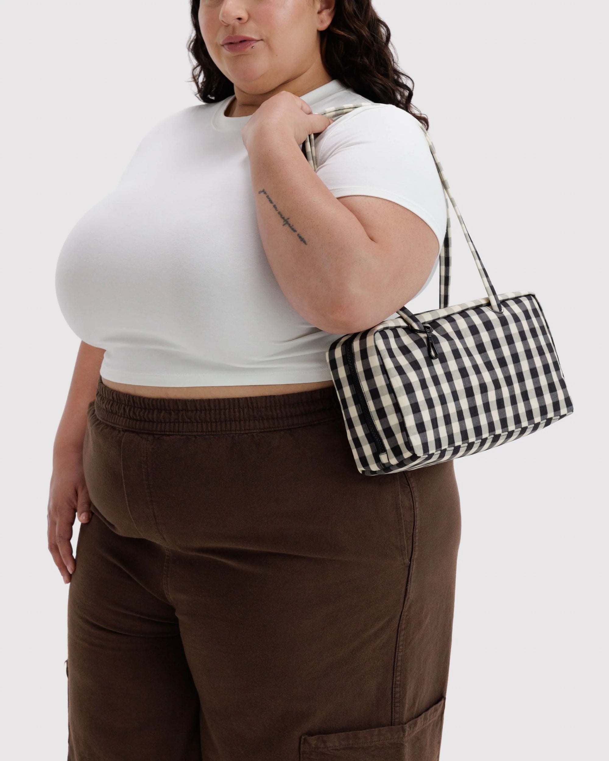 Nylon Bowler Bag, Black & Cream Gingham