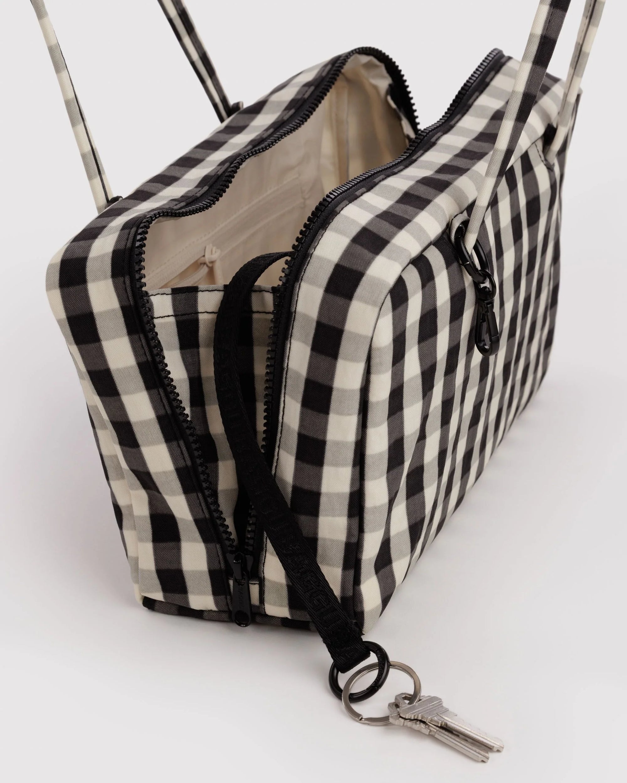 Nylon Bowler Bag, Black & Cream Gingham