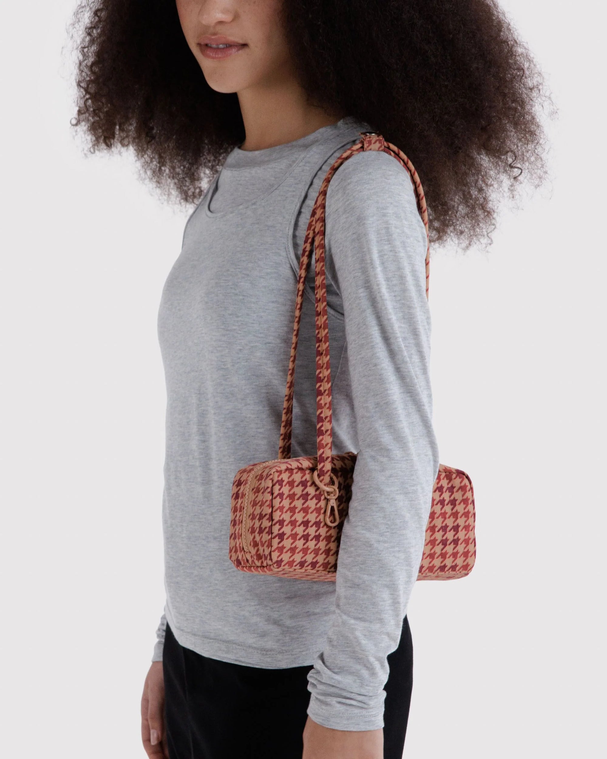 Small Nylon Bowler Bag, Tan Houndstooth