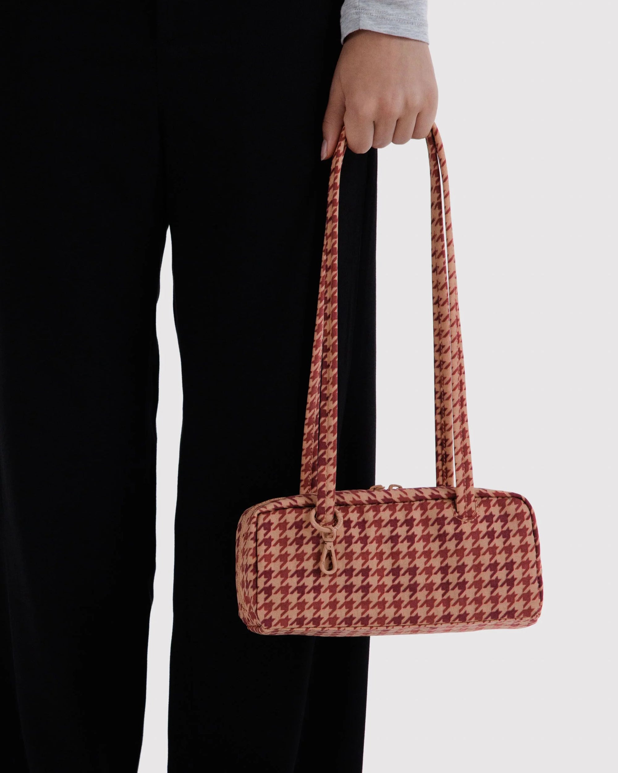 Small Nylon Bowler Bag, Tan Houndstooth