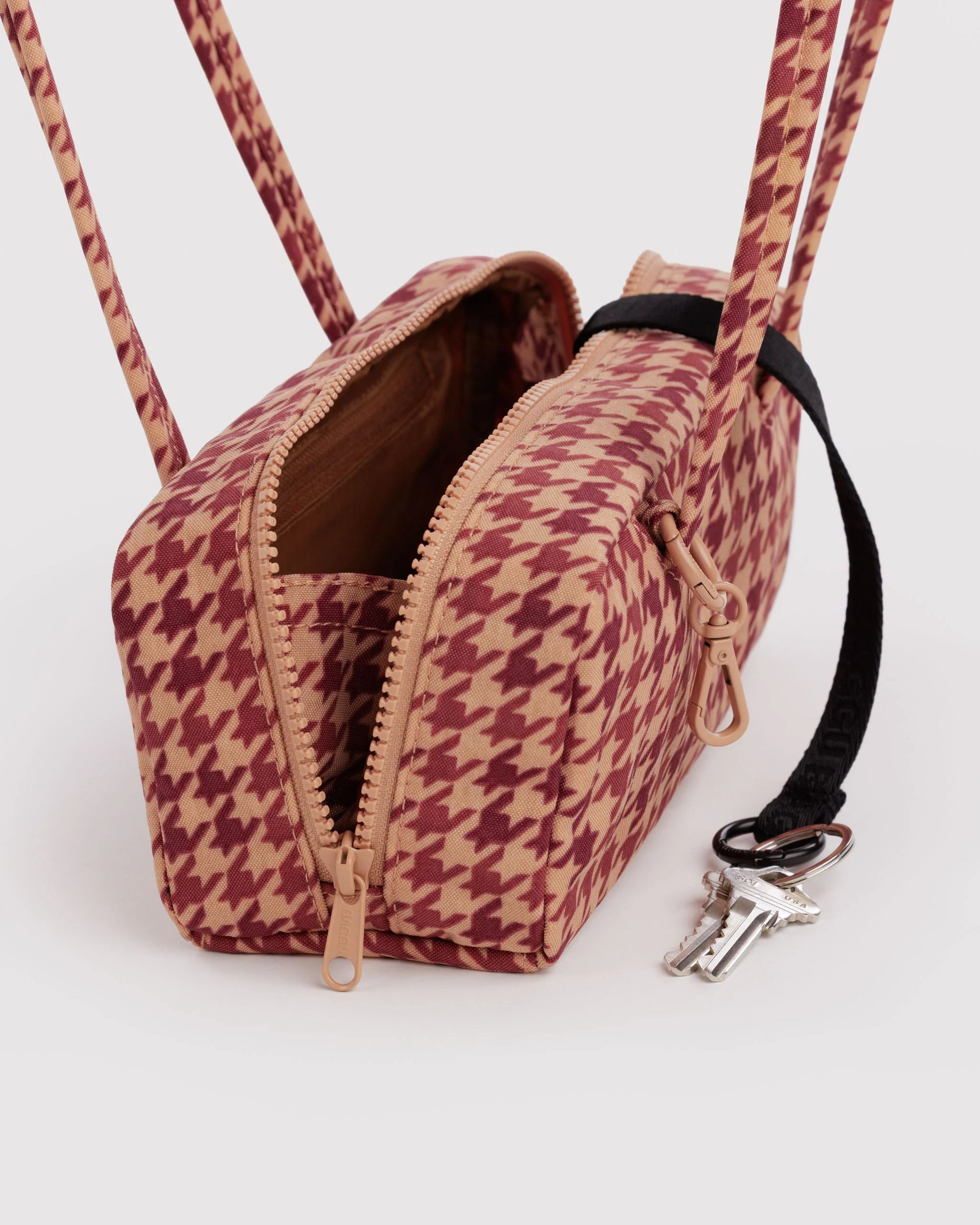 Small Nylon Bowler Bag, Tan Houndstooth
