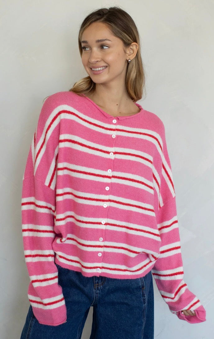 Piper Cardigan, Pink, Red, & White Stripe