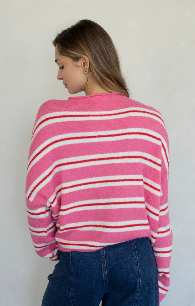 Piper Cardigan, Pink, Red, & White Stripe