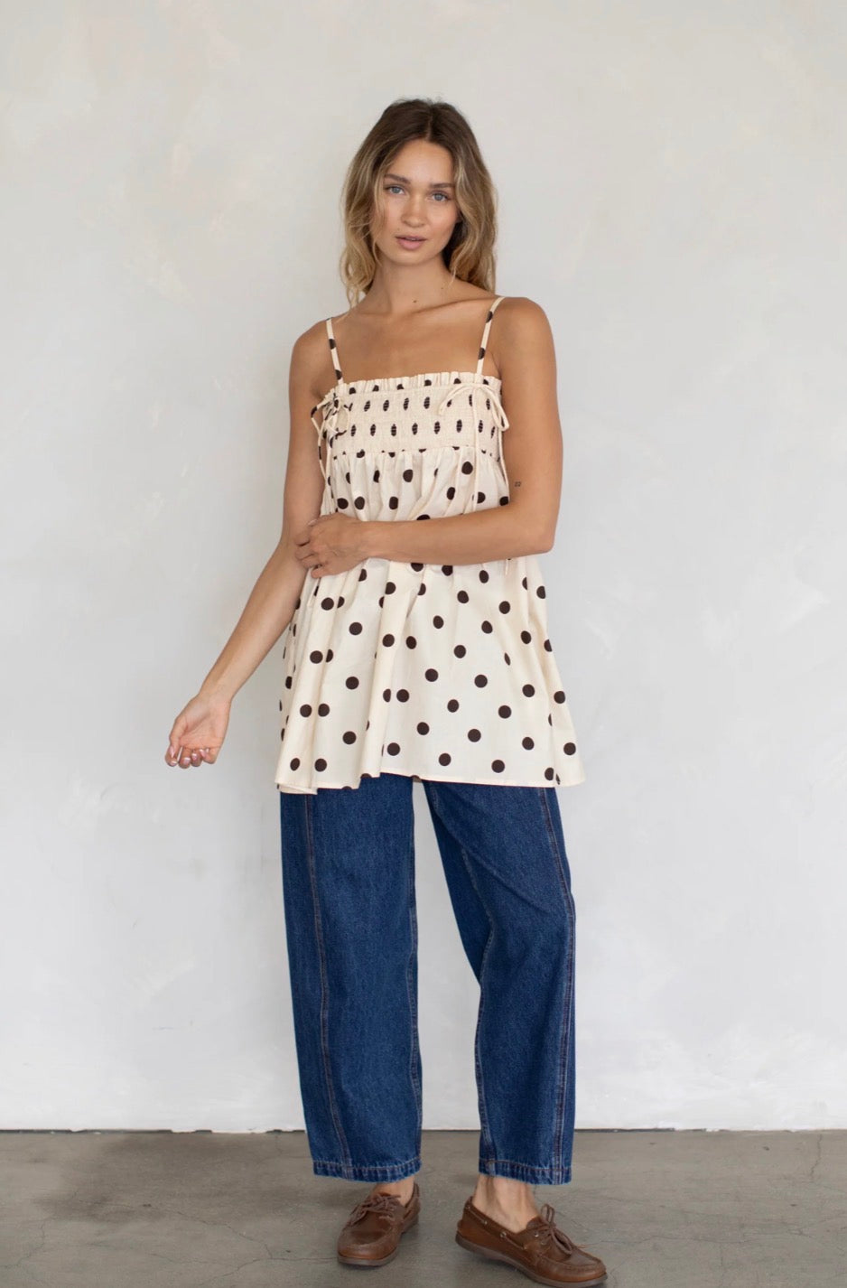 Smocked Polka Dot Babydoll Dress, Cream/Brown