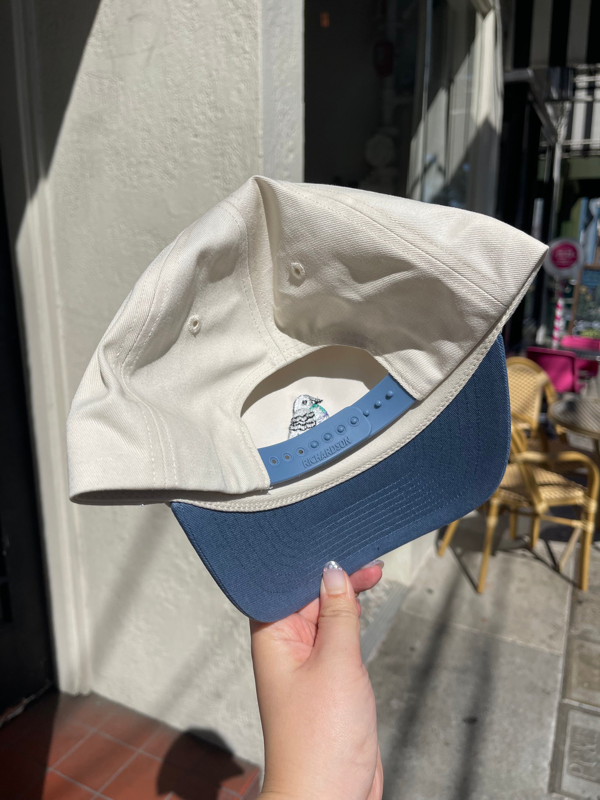 Pigeon Snapback Cap, Cream/Blue