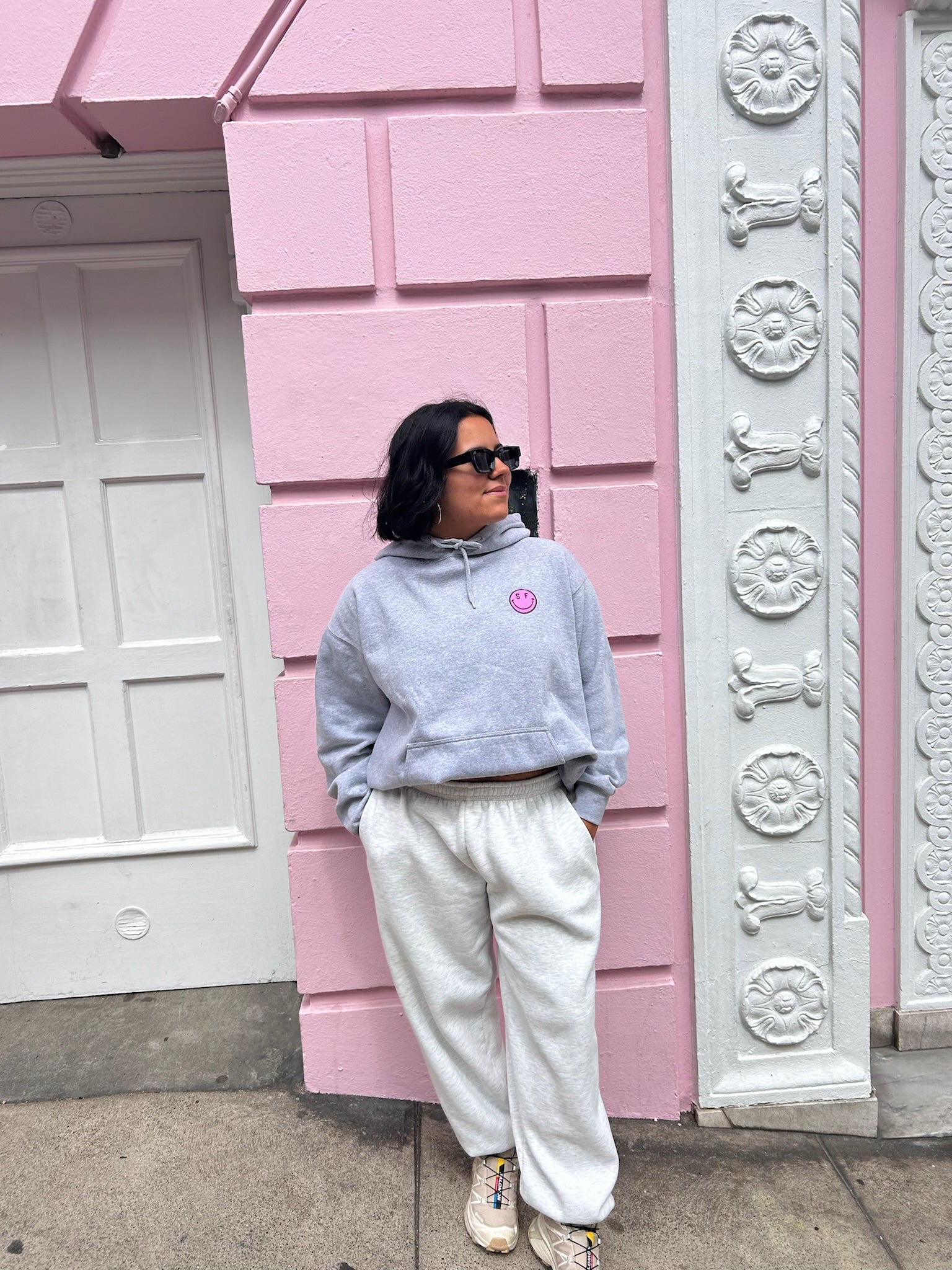 SF Smile Hoodie, Grey + Pink