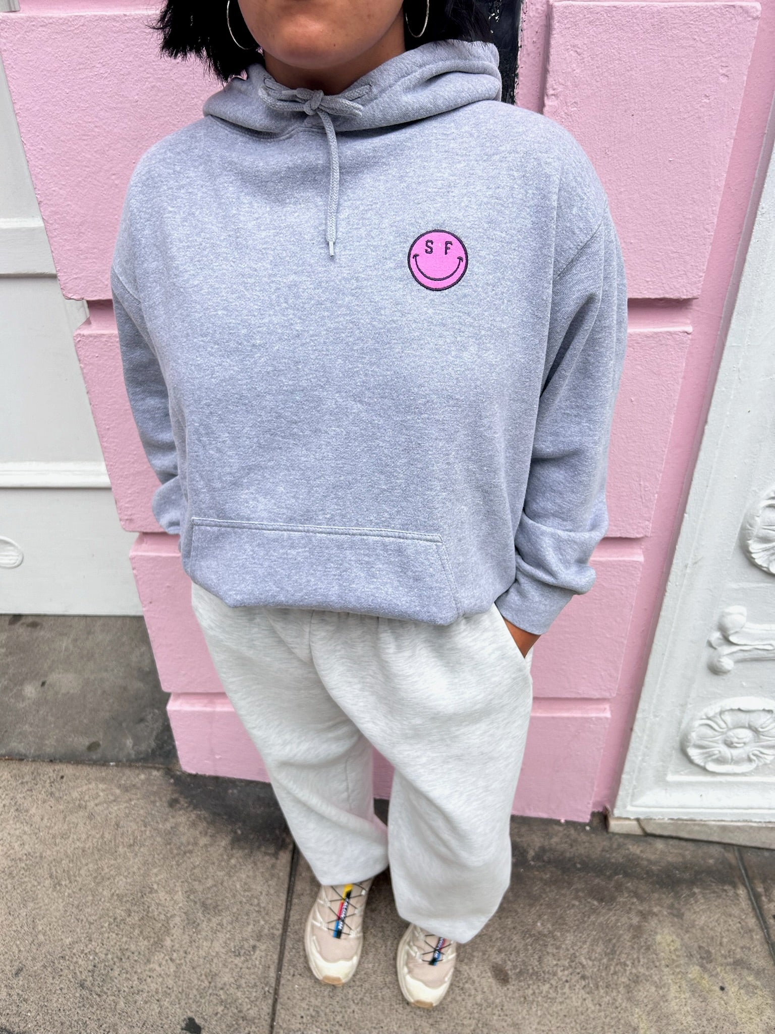 SF Smile Hoodie, Grey + Pink